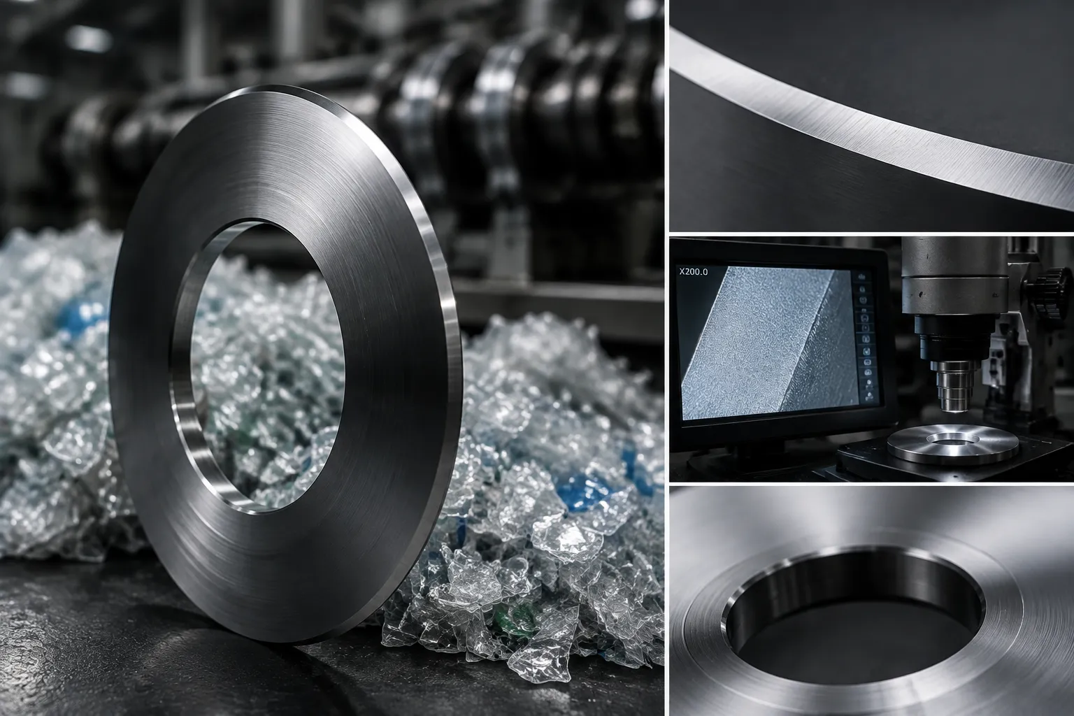 Custom engineered plastic recycling blades undergoing precision grinding inspection