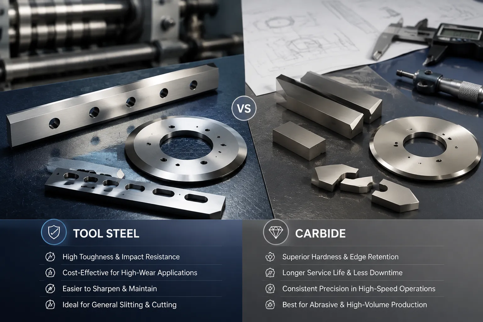 Industrial knife material selection chart comparing hardness, toughness, and wear resistance for Shark Cutting blades