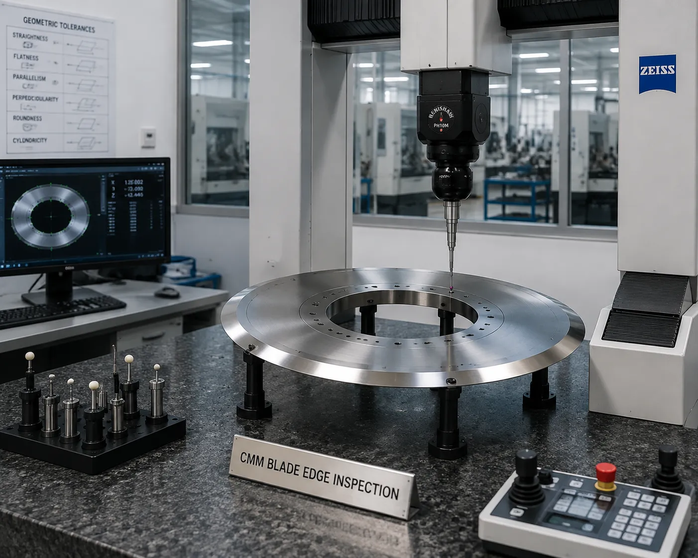 Coordinate measuring machine conducting precision blade inspection on Sharkcutting industrial knife edge