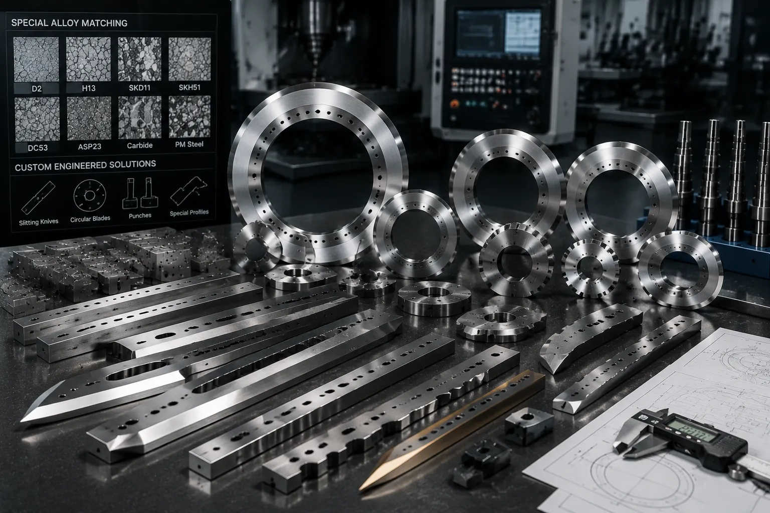 Custom machine knives blueprint and precision industrial blade manufacturing setup by Shark Cutting