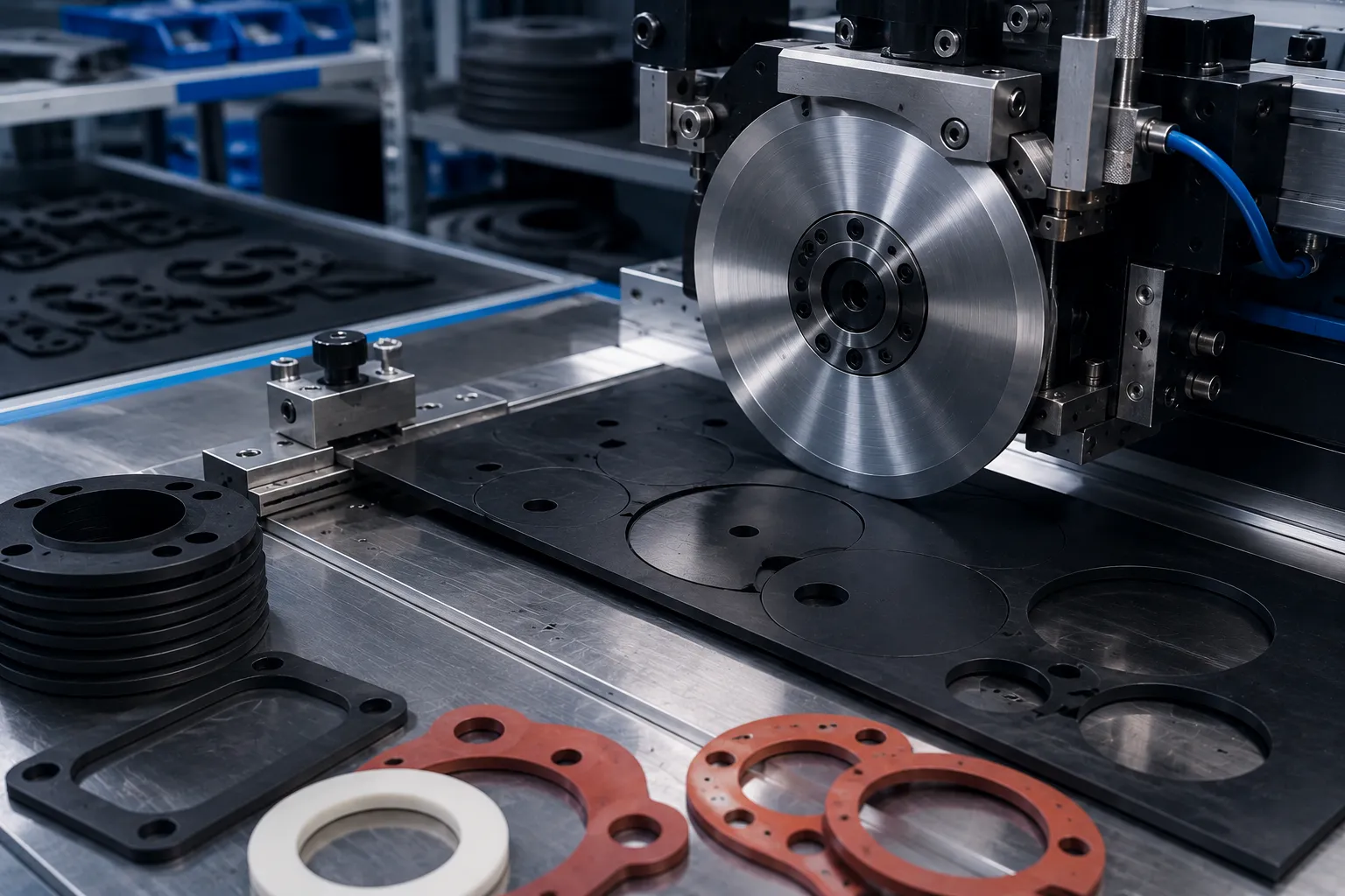 Precision elastomer processing blades cutting clean silicone rubber gaskets