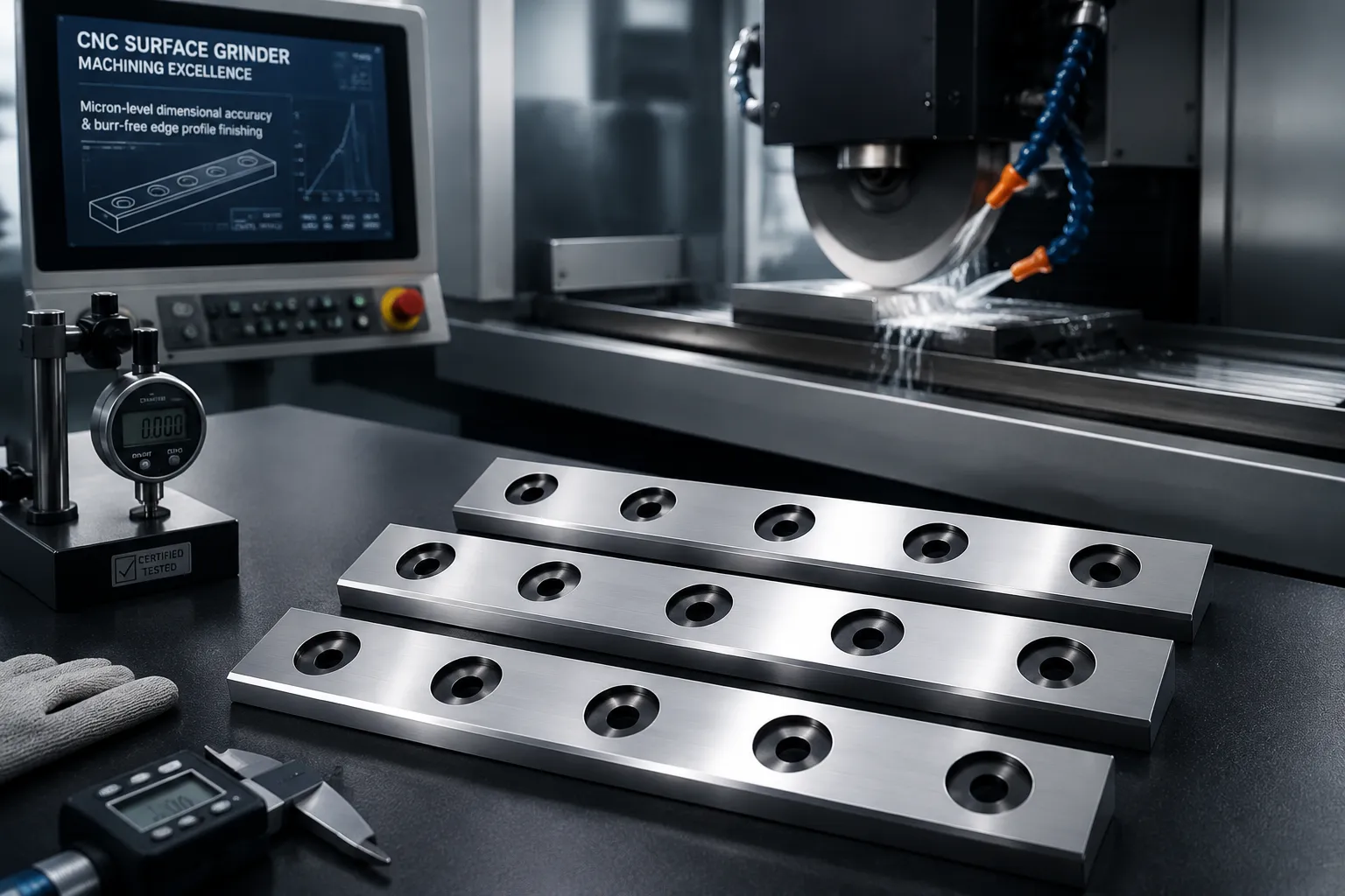 Precision CNC surface grinding machinery and automated quality inspection tools at Shark Cutting