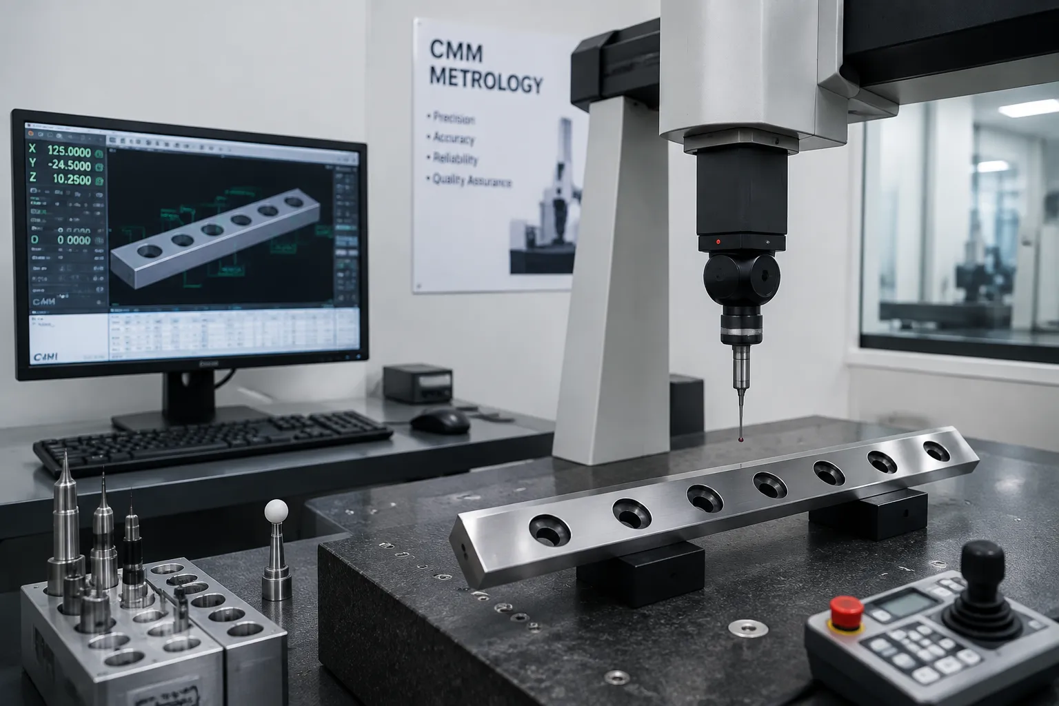 Coordinate Measuring Machine (CMM) inspecting complex industrial blade geometries