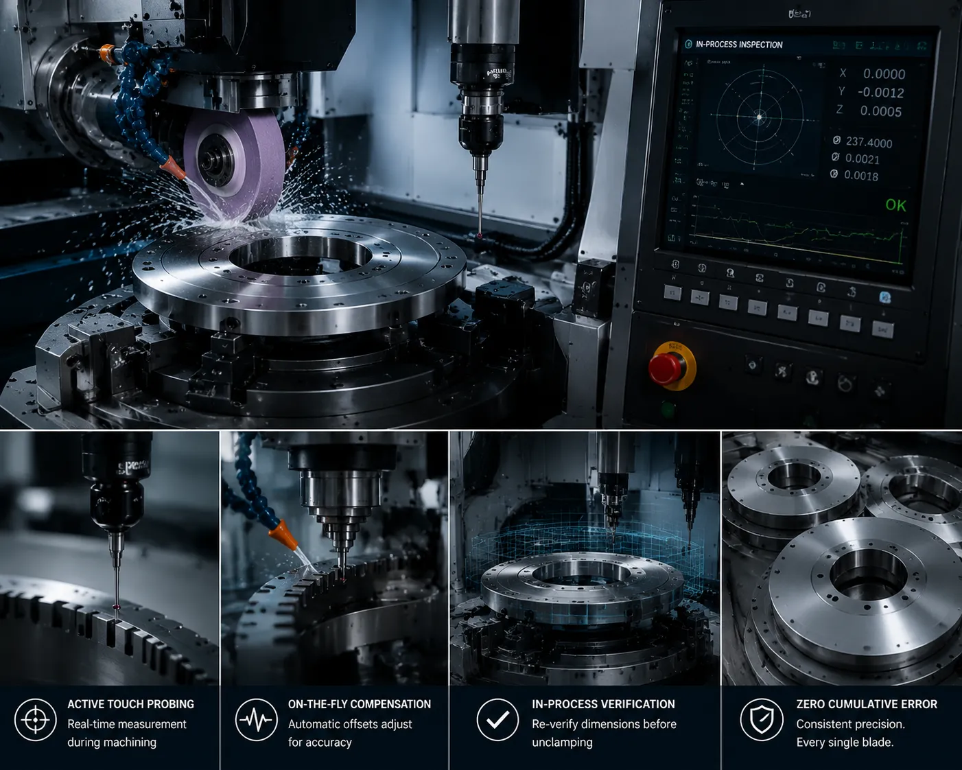 In-machine touch-probe alignment and non-contact laser edge profiling schematic for high-precision industrial blade grinding