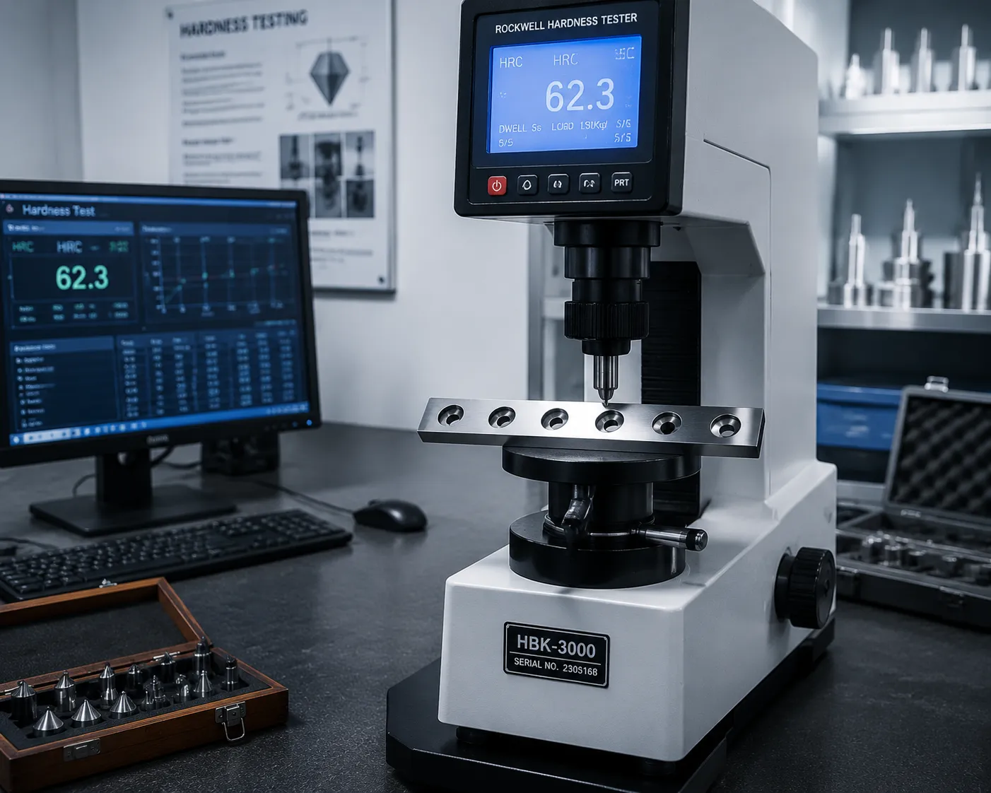 Digital Rockwell hardness tester measuring blade heat treatment consistency
