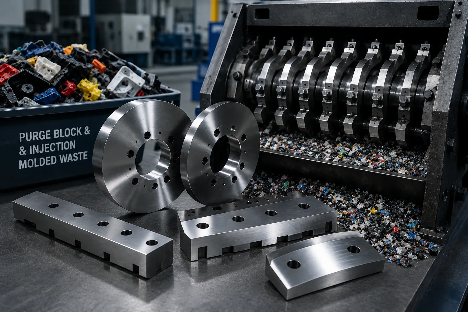 Heavy-duty plastic purge block crushing using precision shear blades
