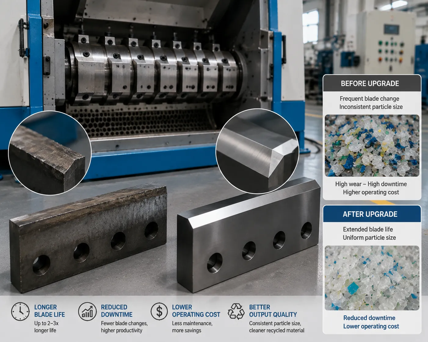 Plastic recycling granulator shredder blade wear upgrade case study visual
