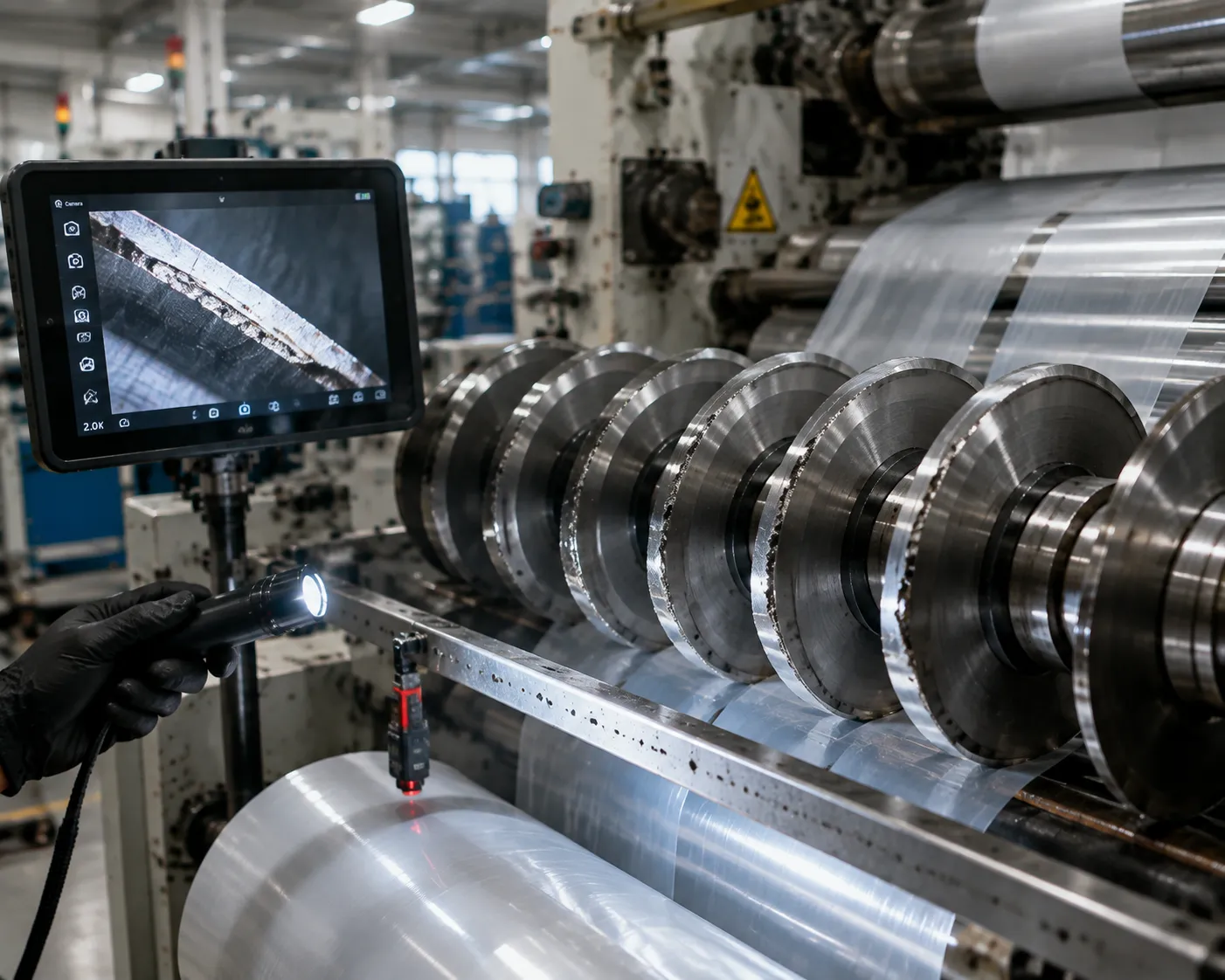 High-speed packaging converting line slitting cutter inspection during operation