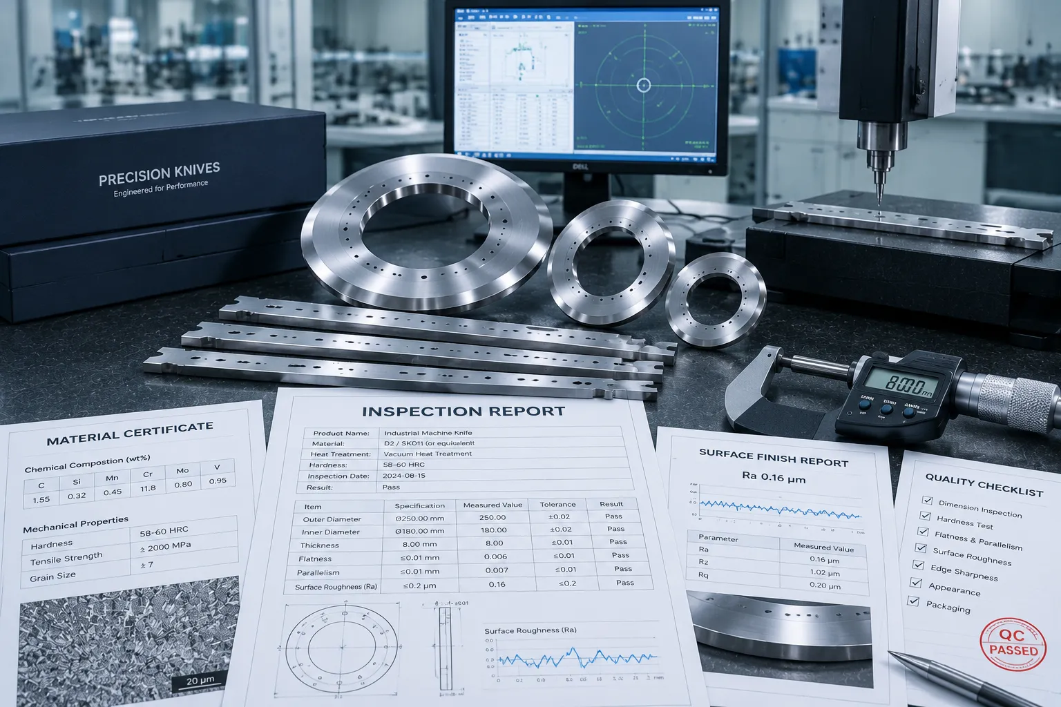 Sharkcutting precision quality inspection report and CMM optical measurement for custom industrial prototype blades