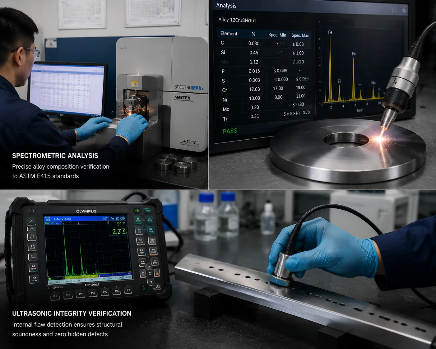 Spectrometric analysis and metallographic raw material quality control inspection for industrial knives