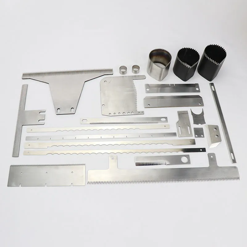 Vertical form fill seal serrated knives and cut off blades