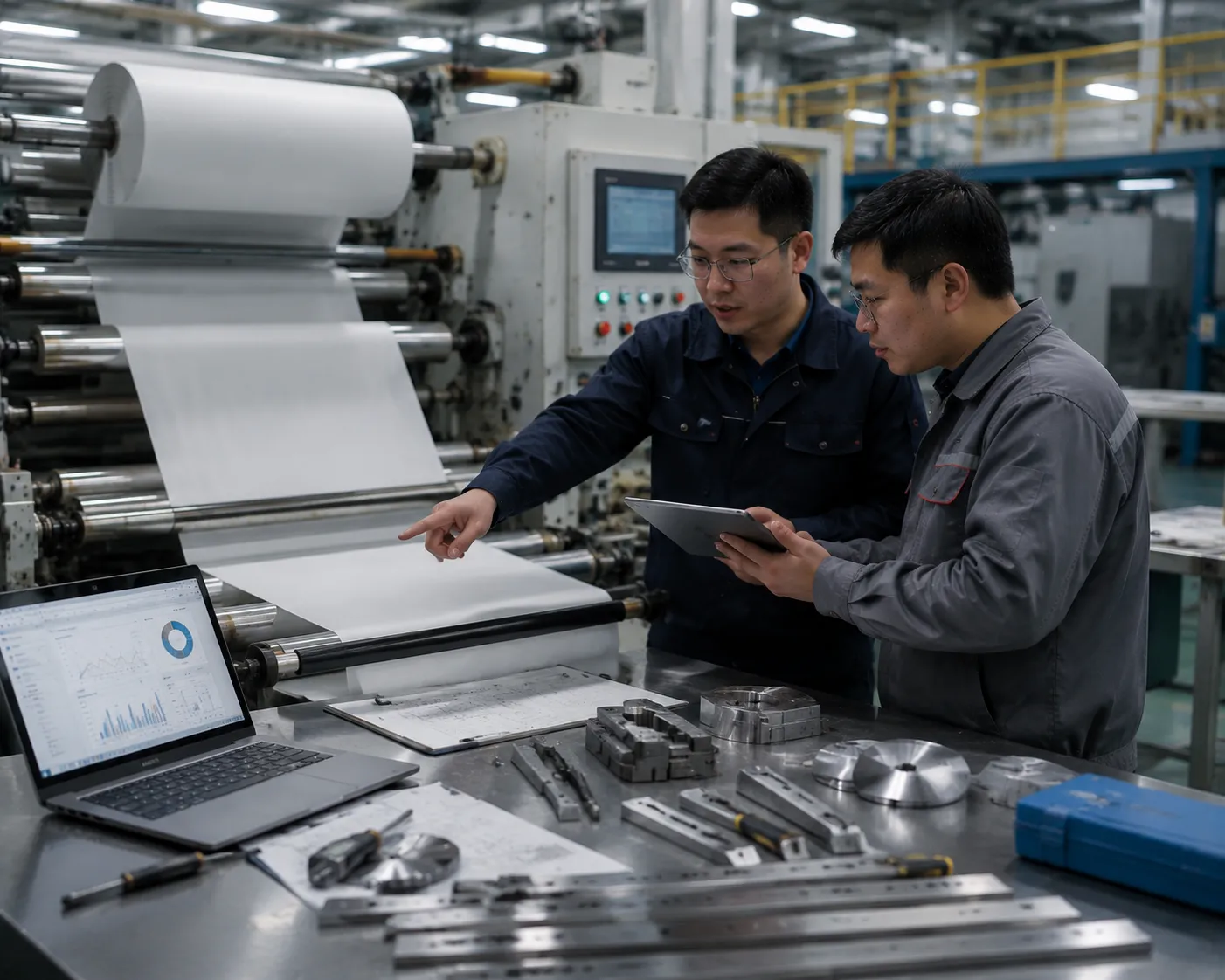 Interactive packaging manufacturing line cutting zones diagram showing key operational pain points and tooling solutions