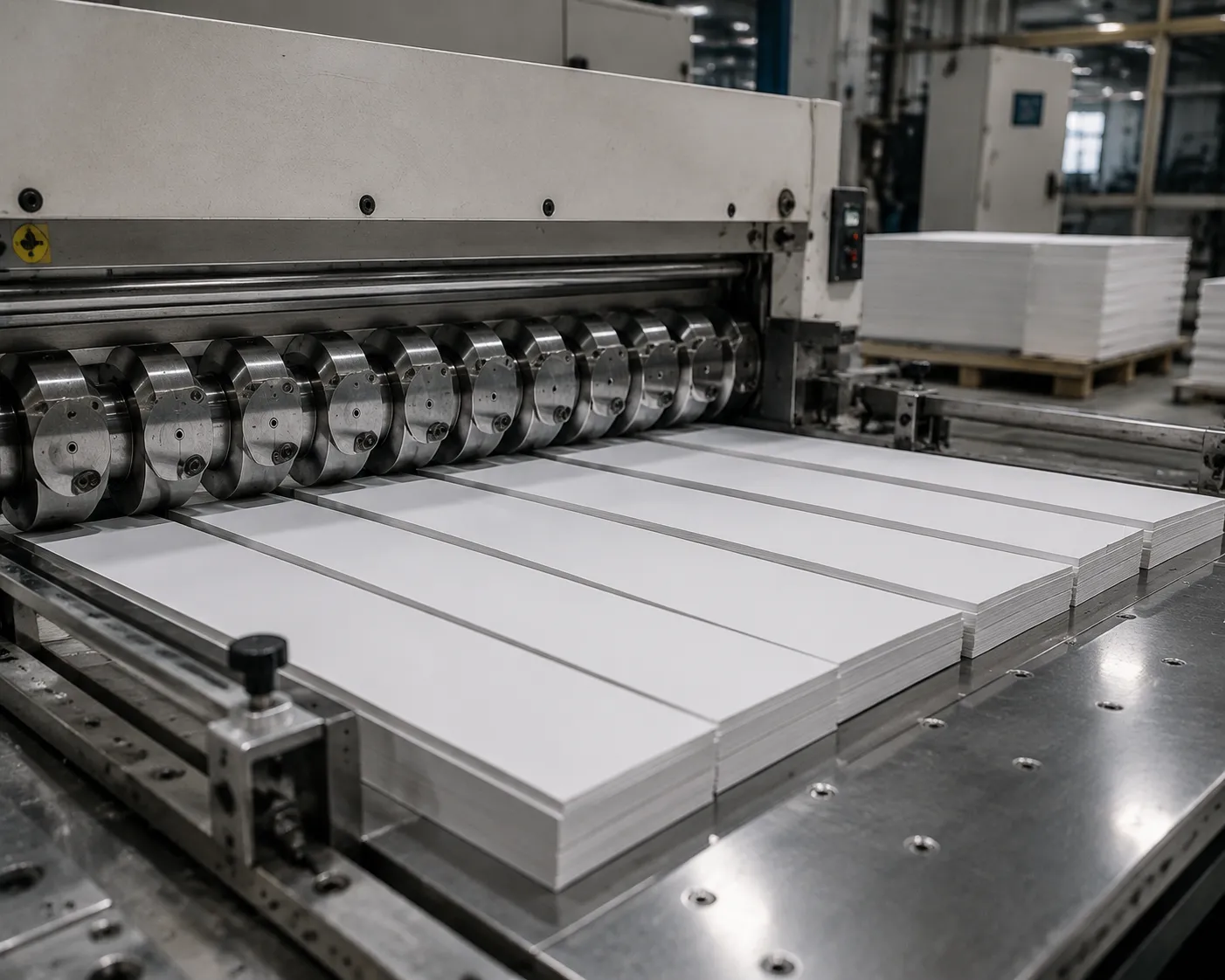 Heavy-duty guillotine paper knives performing sheet and board cutting operations