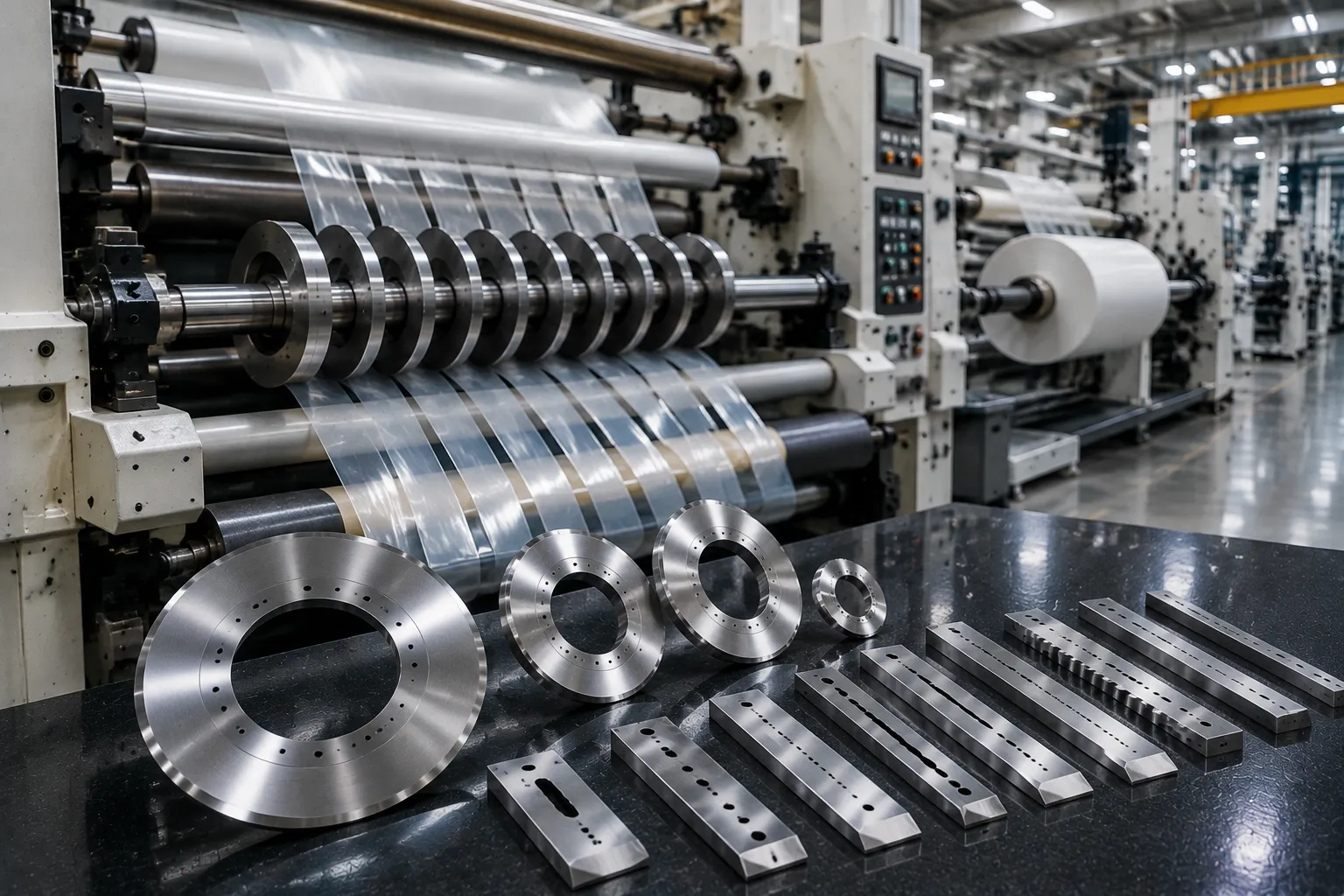 Custom cutting components for packaging and converting machinery