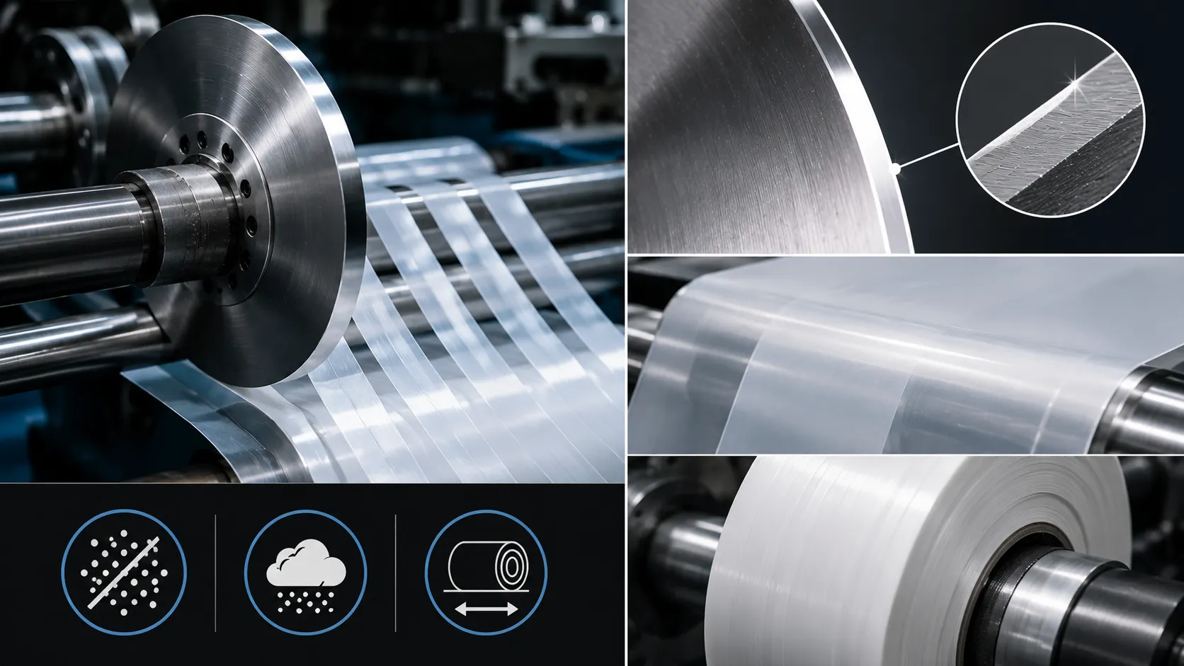 Microscopic cross-section of a pristine, burr-free film edge cut with Sharkcutting precision slitting blades