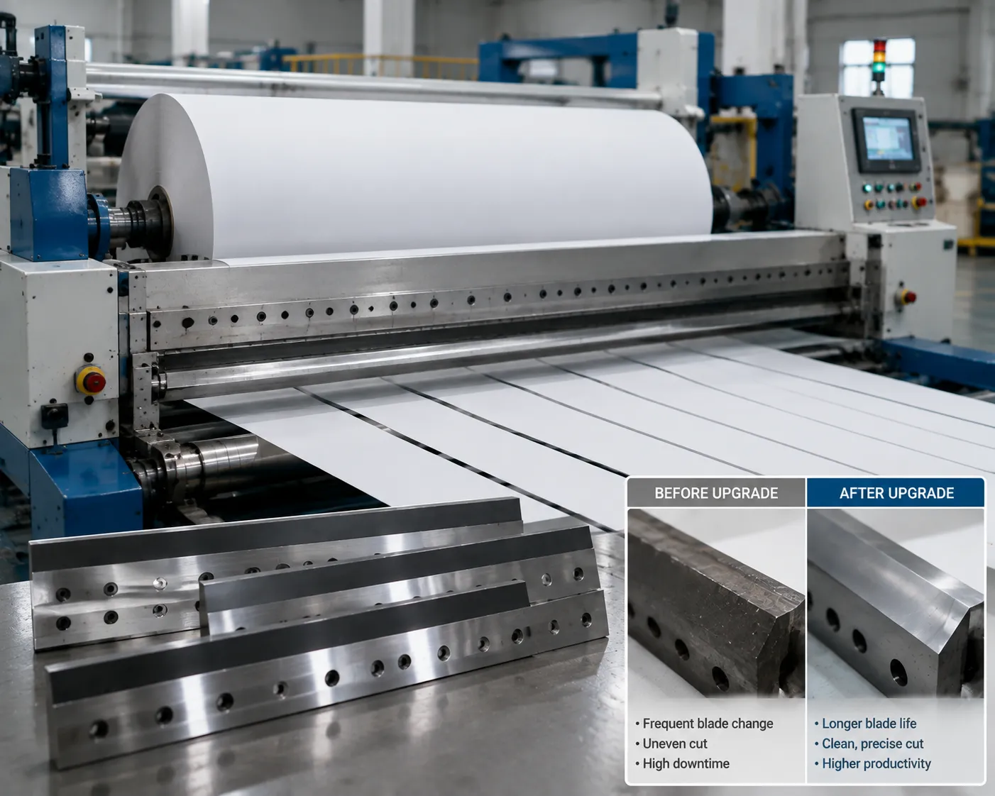 Large paper roll guillotine slitter blade case study visual