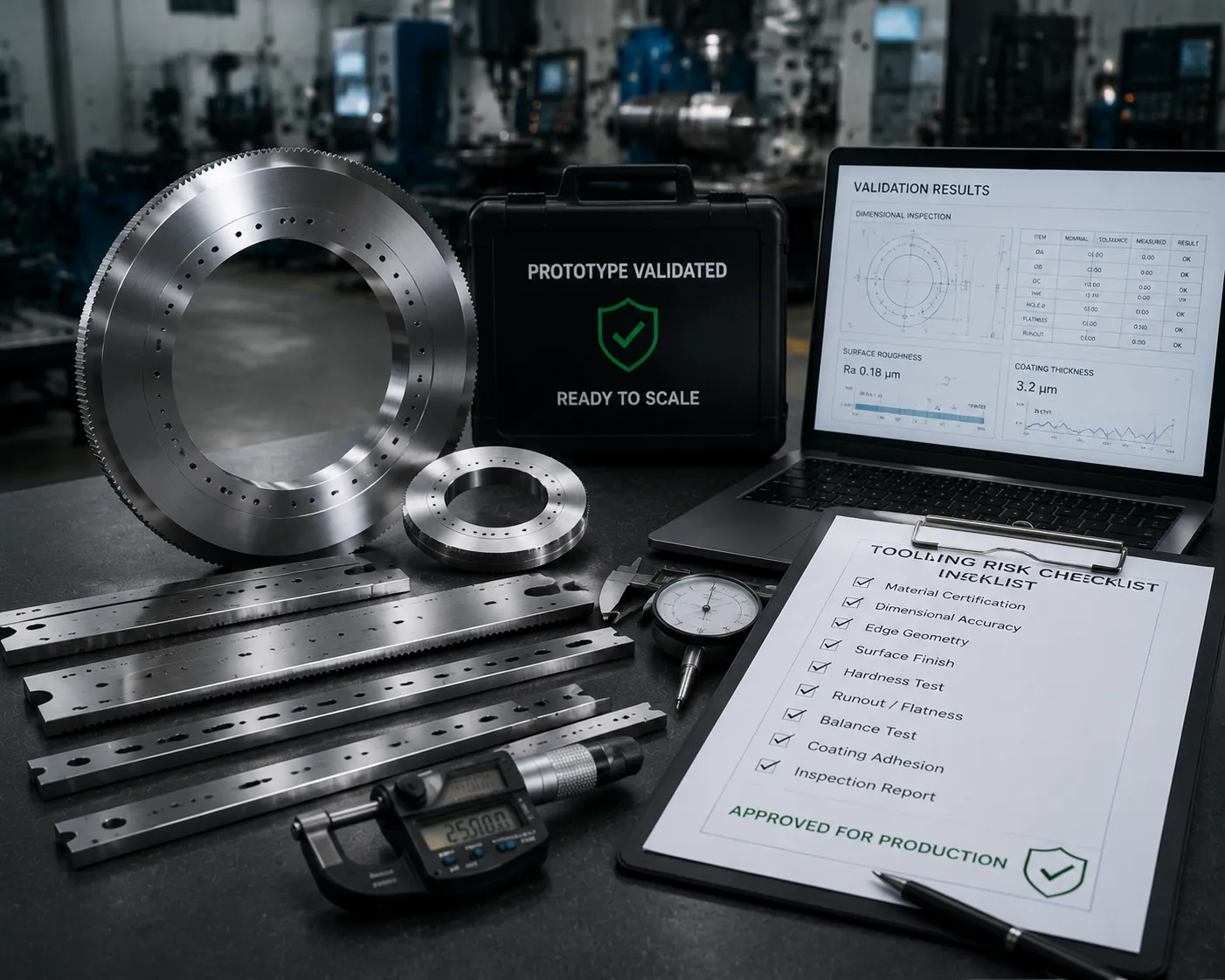 Industrial blade prototype testing and sample validation process at Sharkcutting
