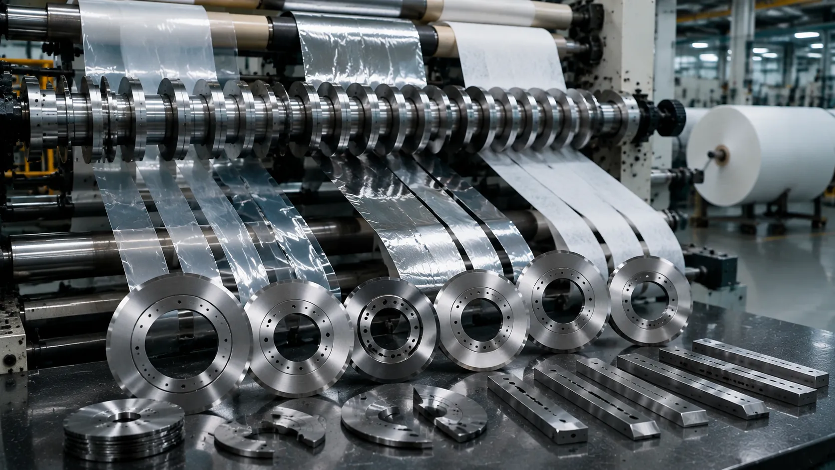 Precision slitting components and tooling for film, foil, and non-wovens