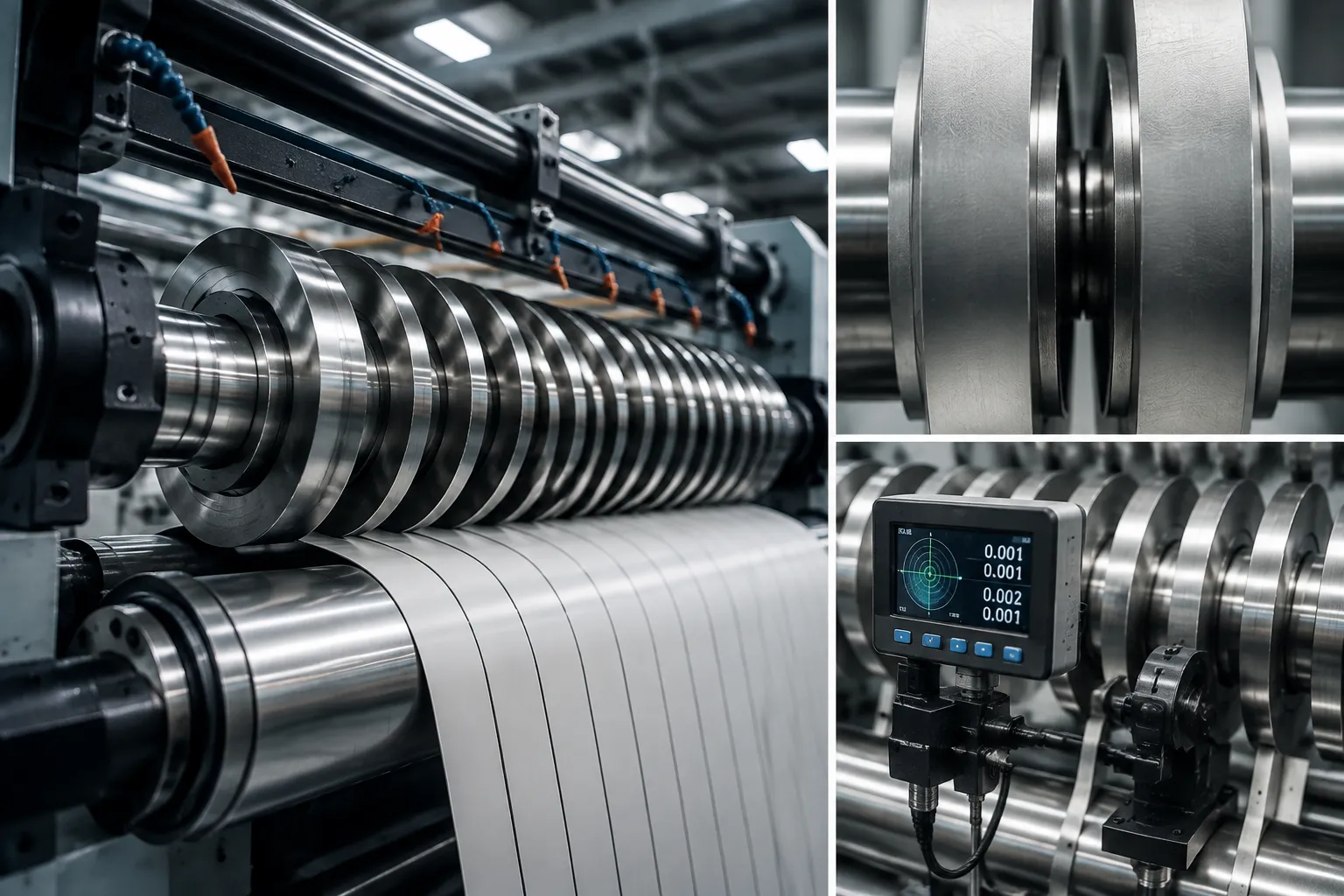 Circular slitter knives engaged during high-speed rotation in a paper mill converting facility