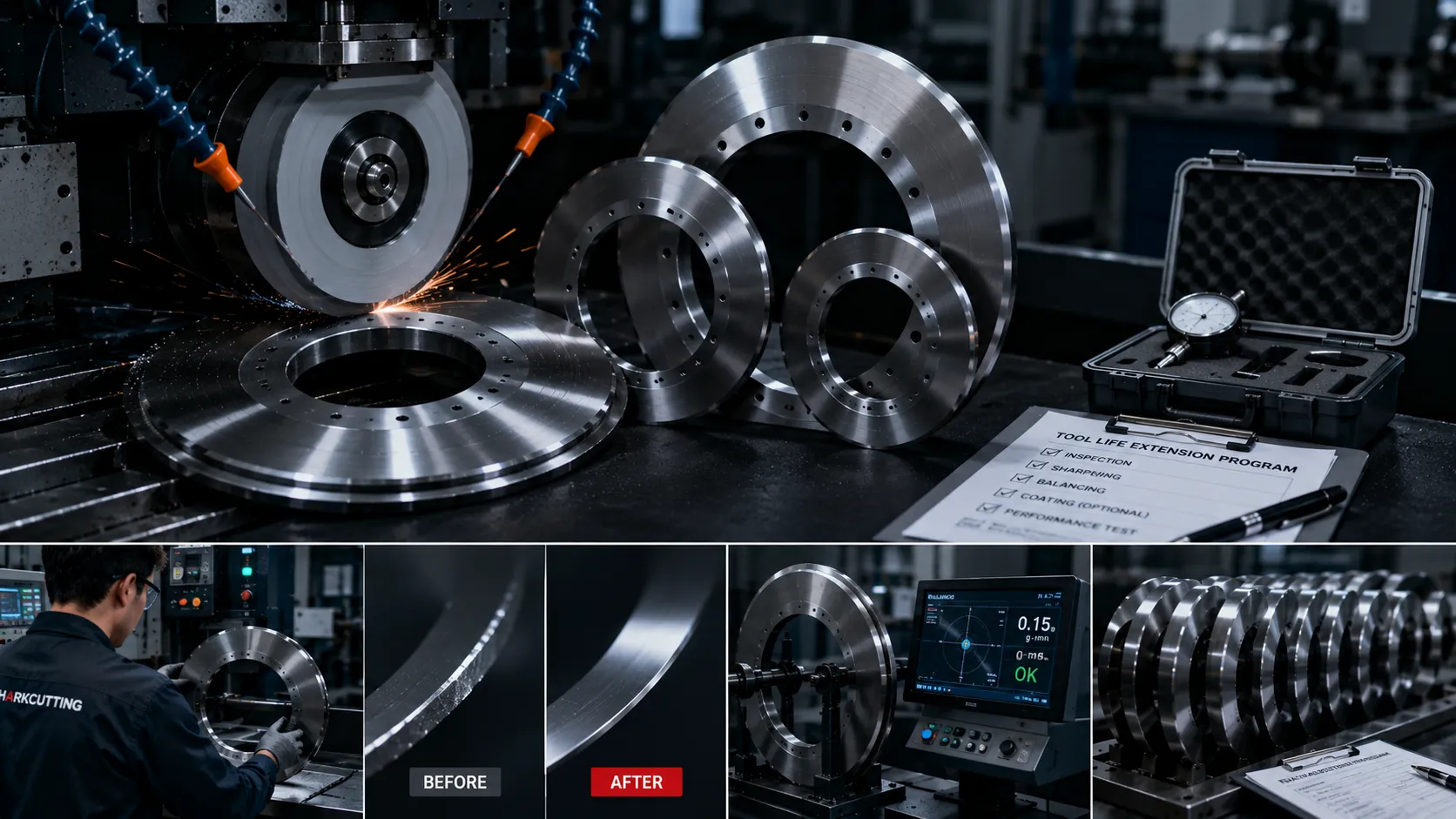 Sharkcutting precision nonwoven slitting blades and nonwoven blade maintenance support