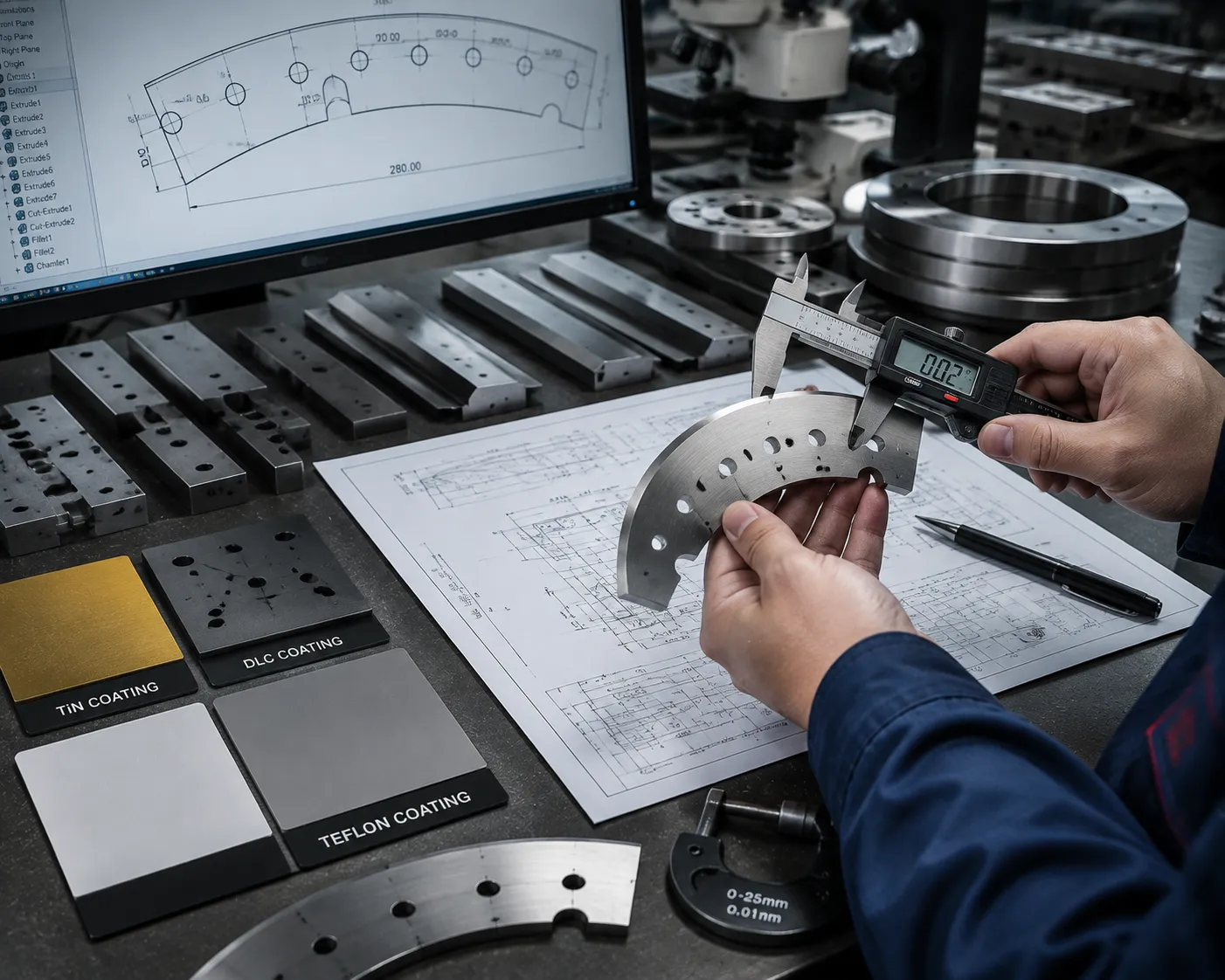 Industrial blade precision grinding and engineering testing at Shark Cutting