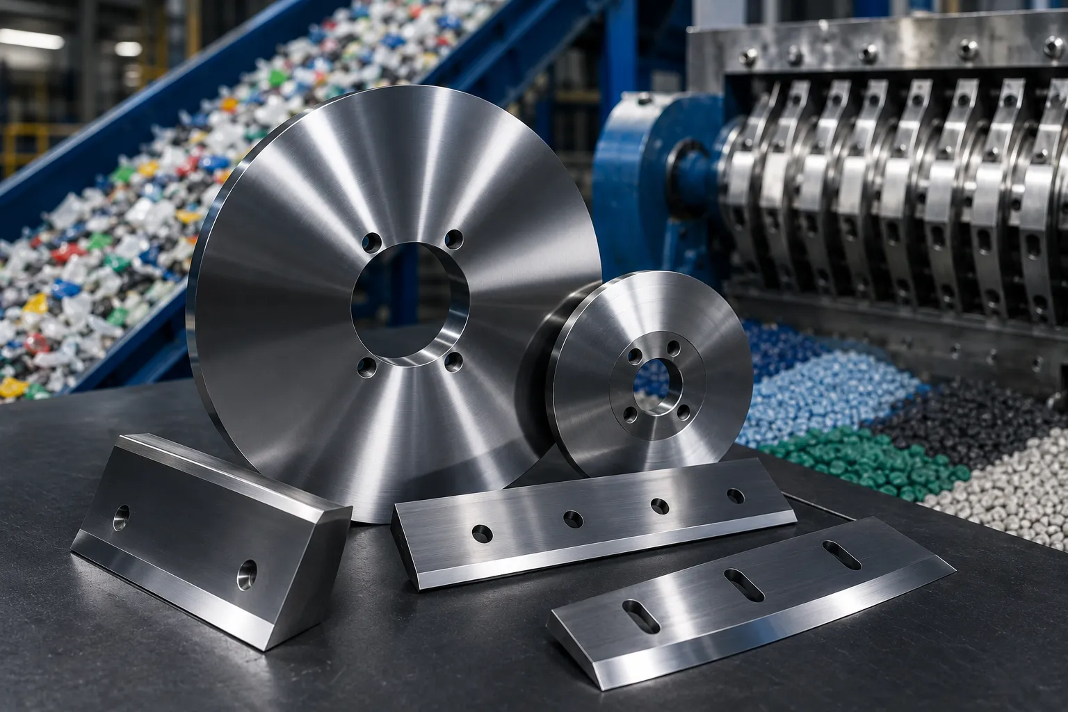 Industrial recycling blades for plastic reprocessing and granulation