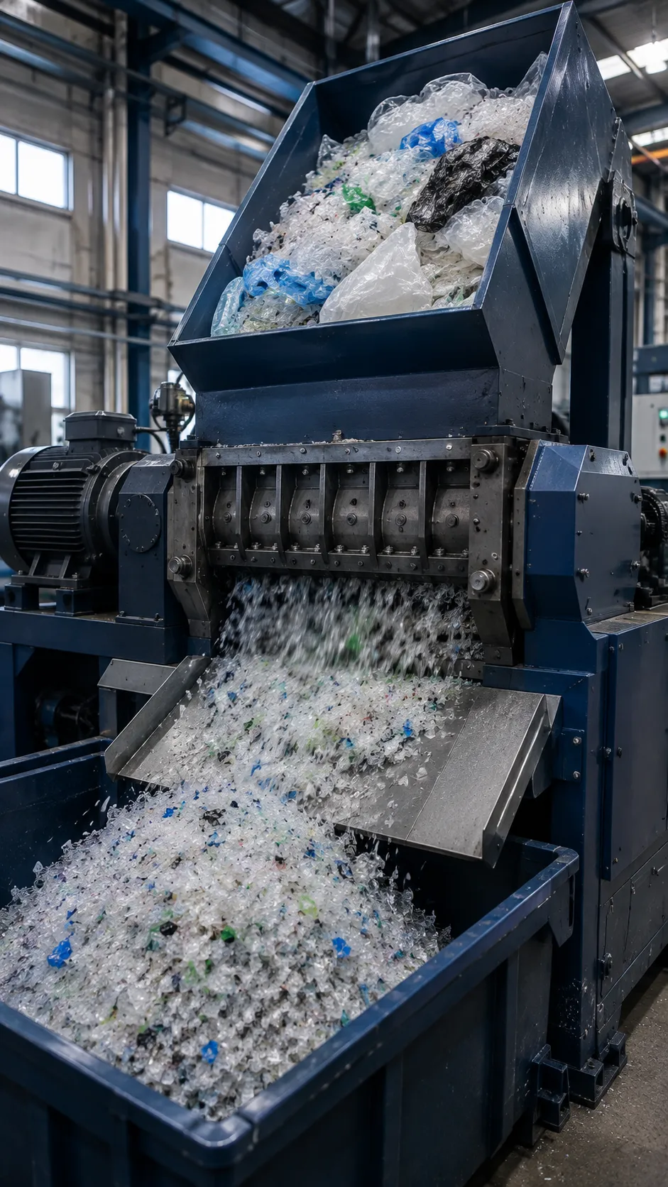 Recycling machine knives processing soft plastic films, bags, and fibers
