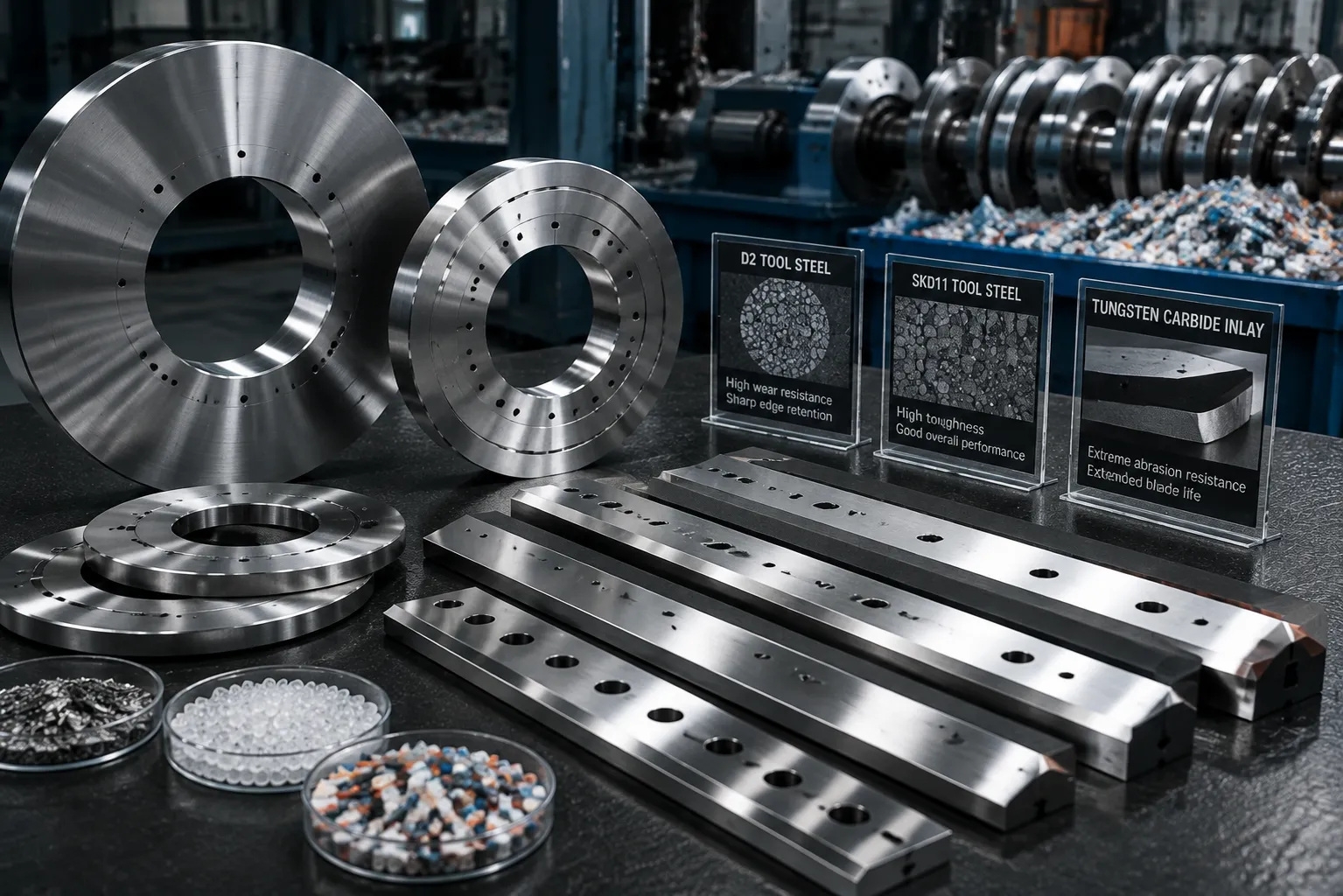 Precision wear-resistant tool steel blades for industrial plastic recycling