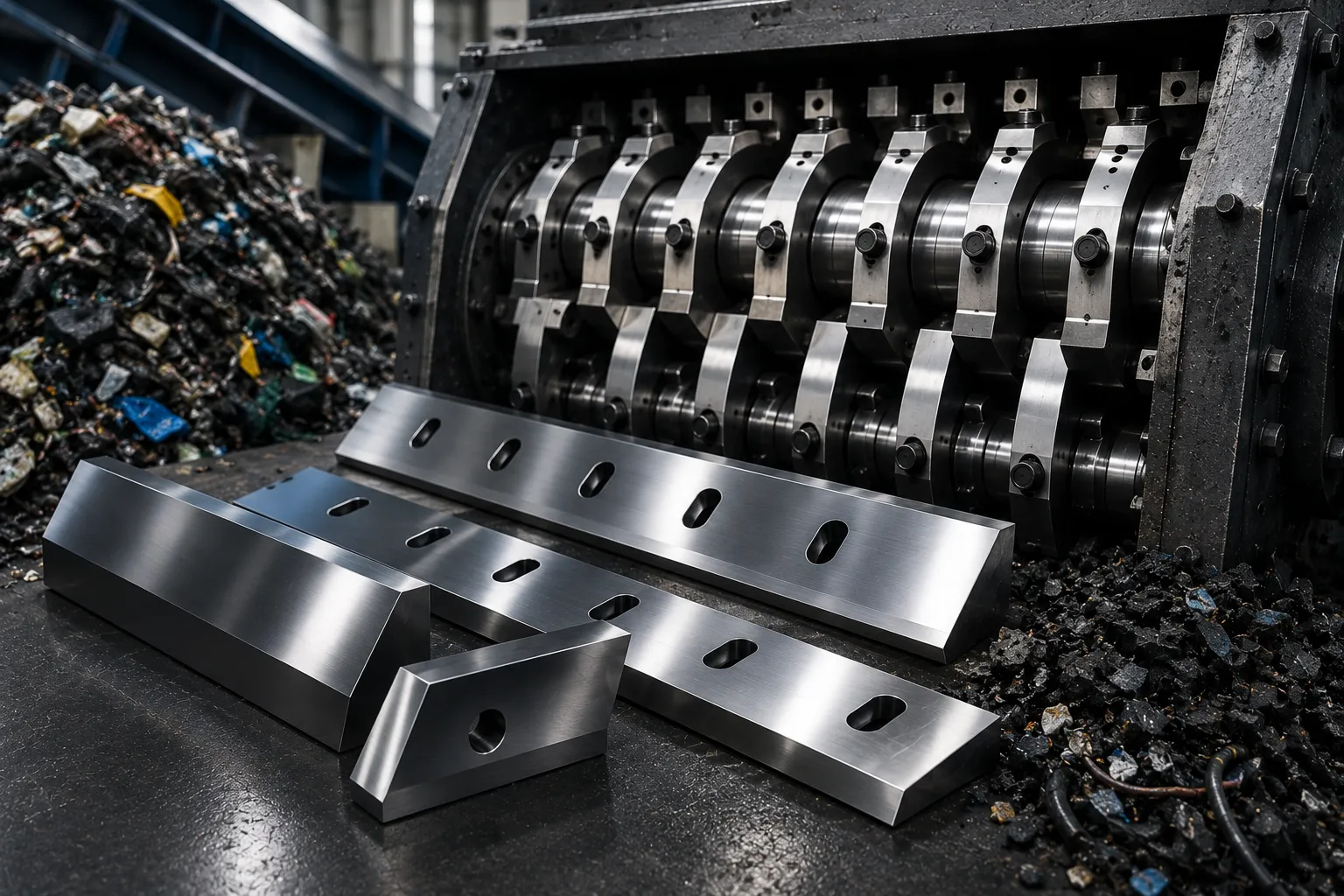 Heavy scrap shredding blades for industrial solid waste and rubber recycling