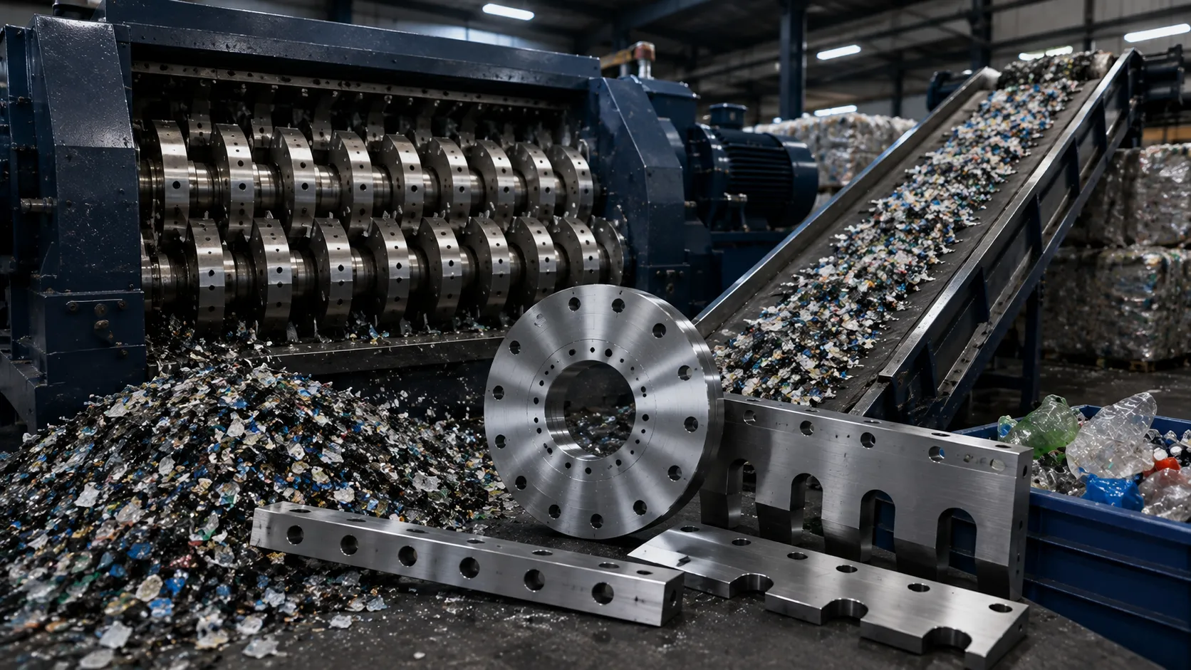 Plastic shredder blades processing thick purgings, plastic drums, and PET bales