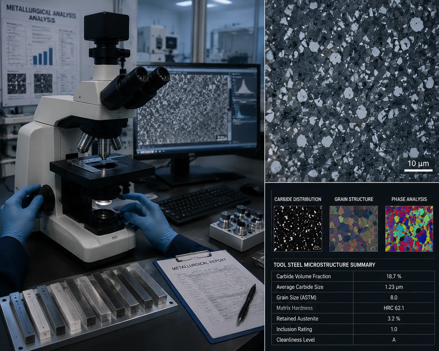 Metallographic tool steel microstructural analysis for industrial cutting blades