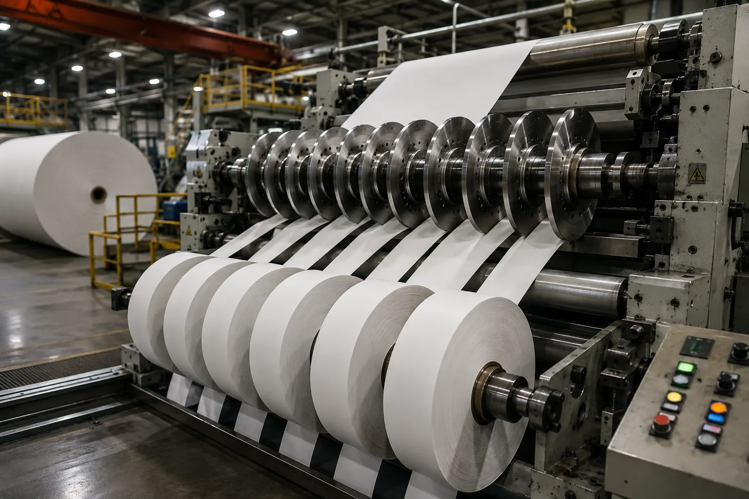 High speed paper mill web slitting operation