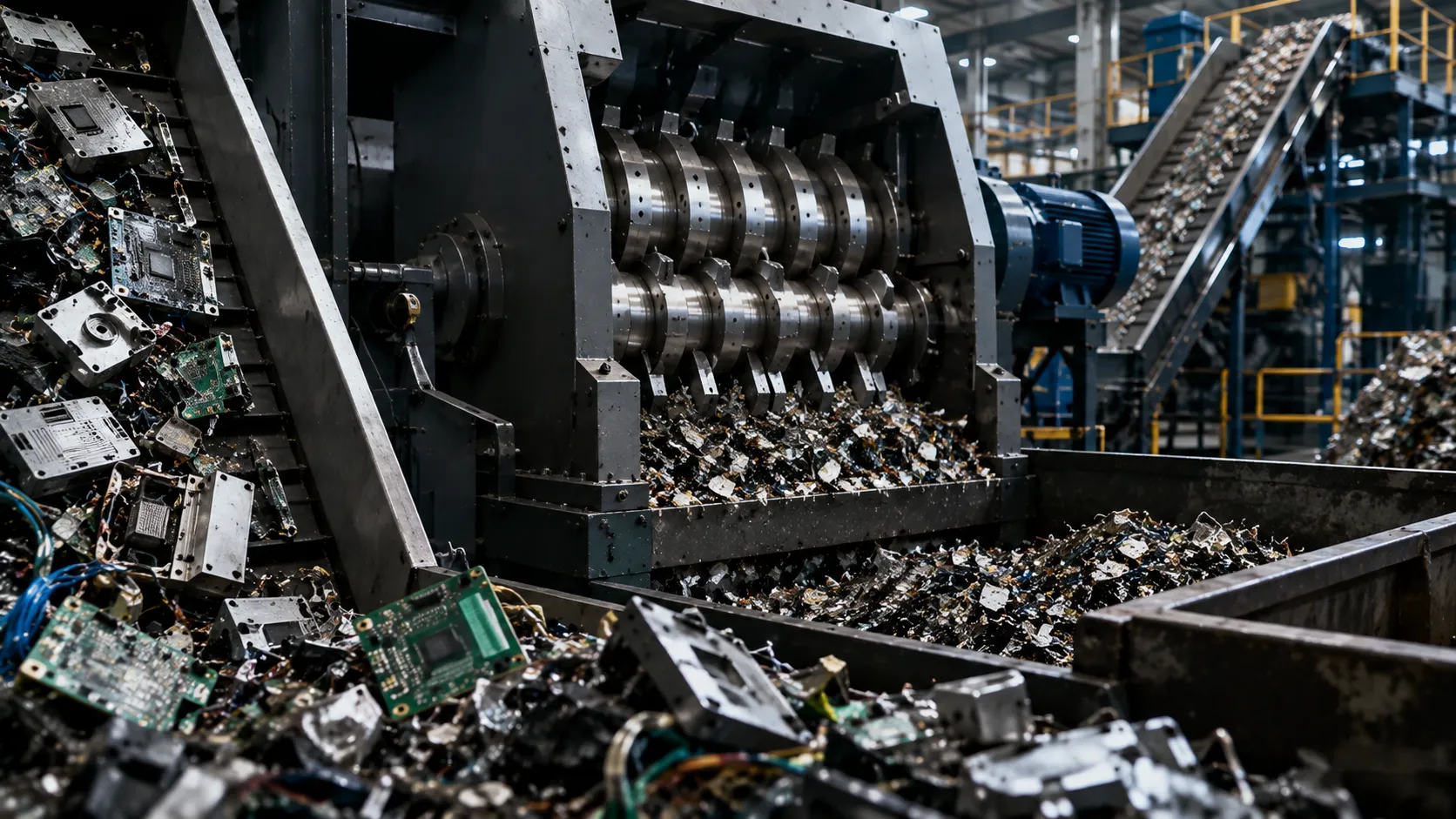E-waste metal recycling knives processing electronic waste, circuit boards, and aluminum