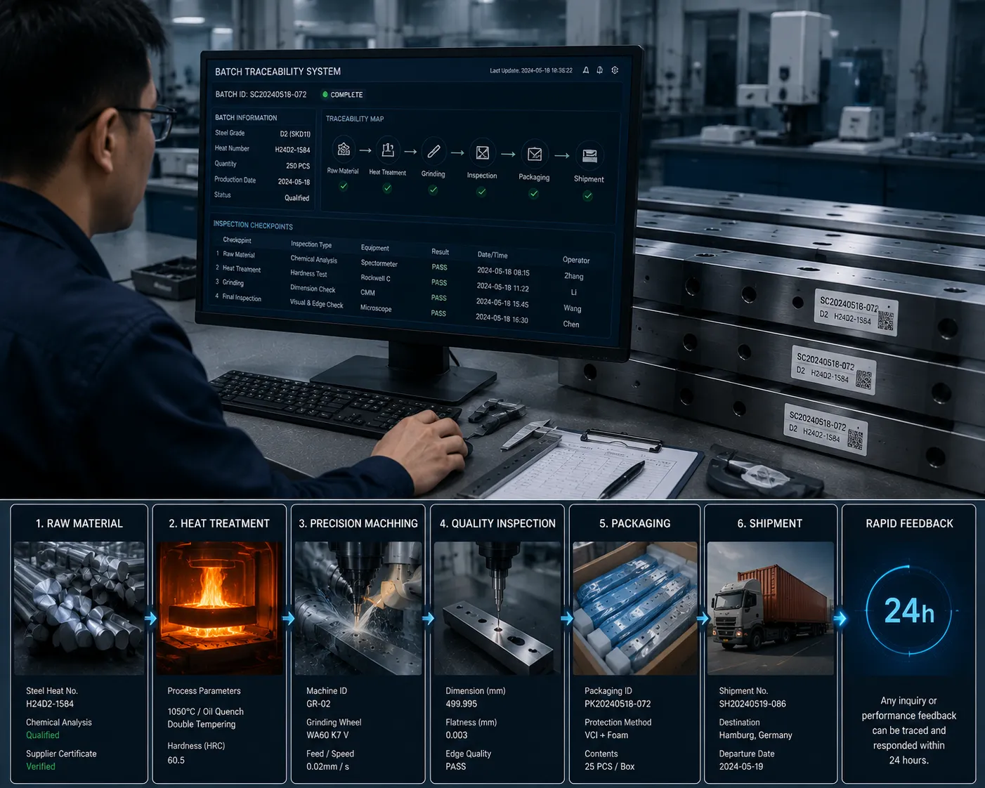 Quality inspection certificate and laser traceability system for industrial knives