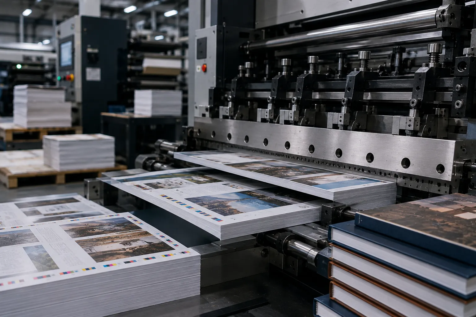Commercial printing press stack guillotine cutting