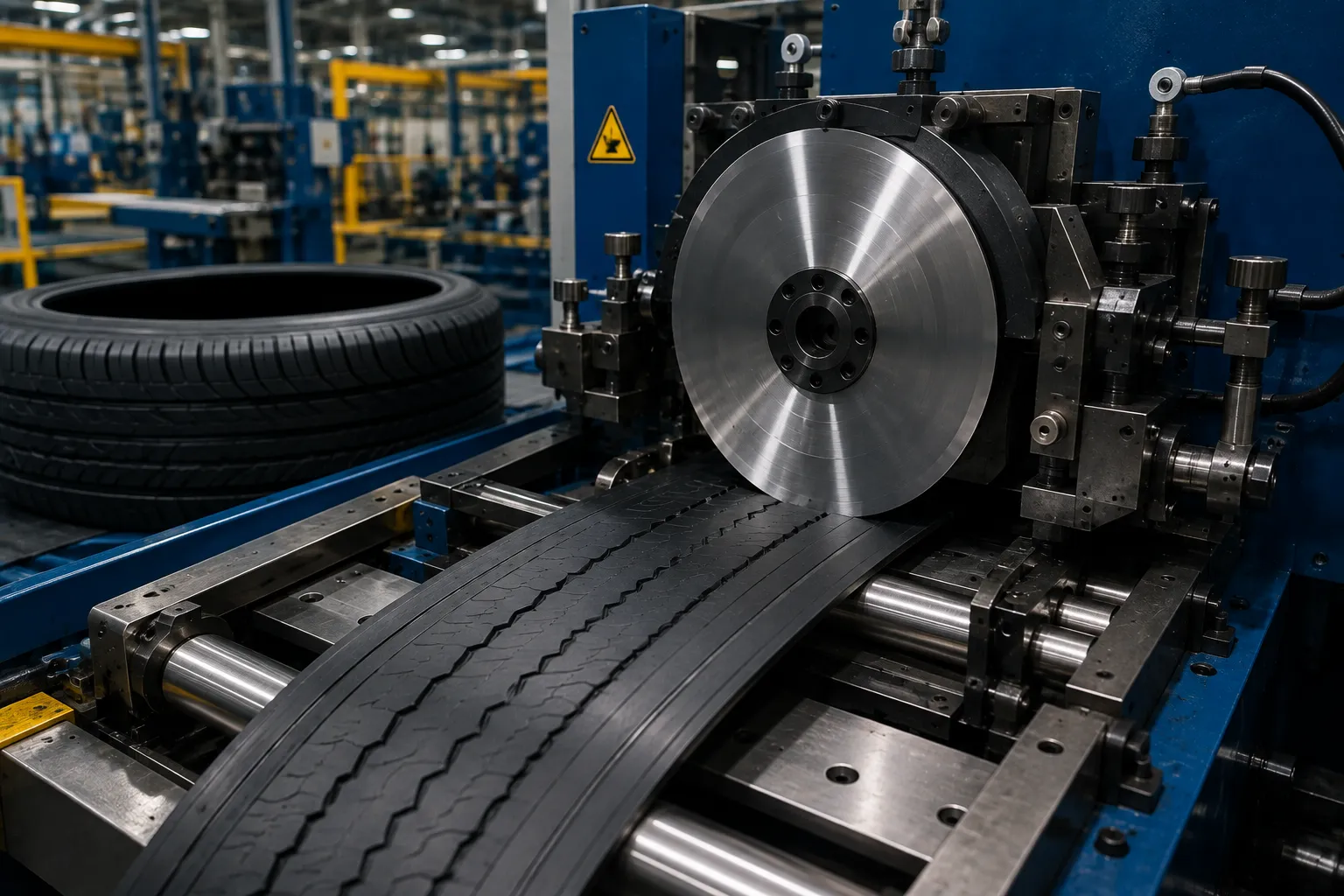Sharkcutting tire manufacturing blades executing precision cuts on unvulcanized rubber compound