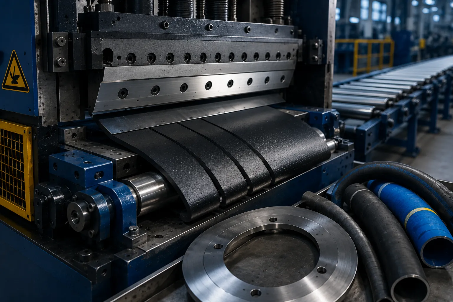 Heavy-duty conveyor belt cutting blade shearing multi-ply fabric reinforced rubber belting