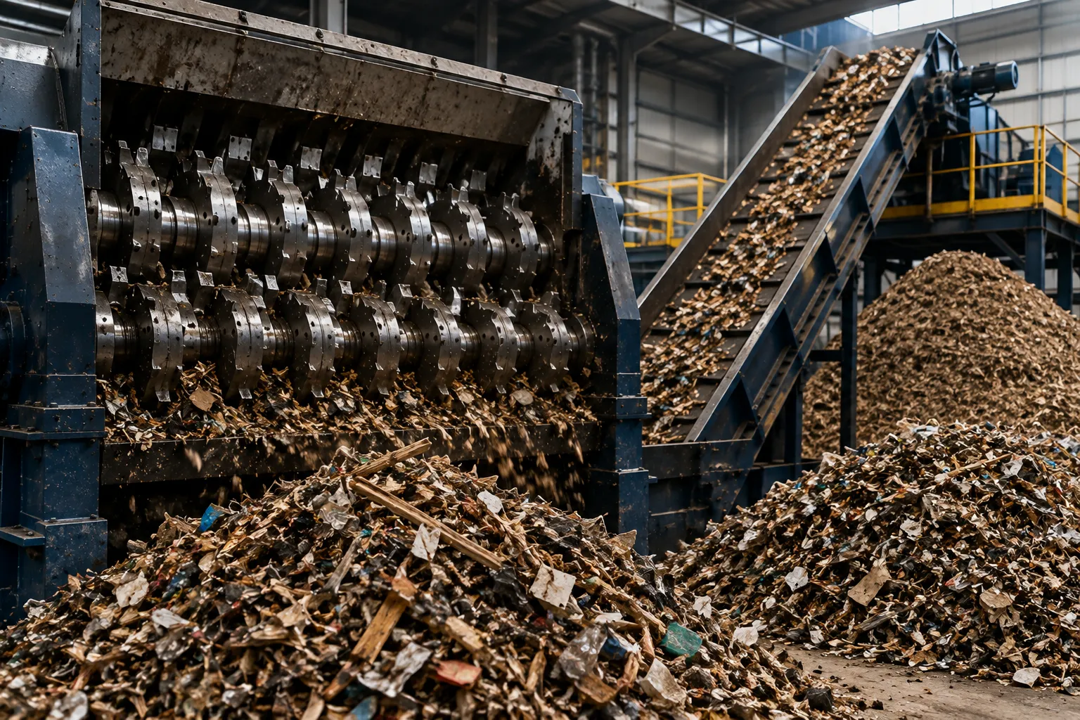 Solid waste and wood shredding blades reducing RDF and wooden pallets
